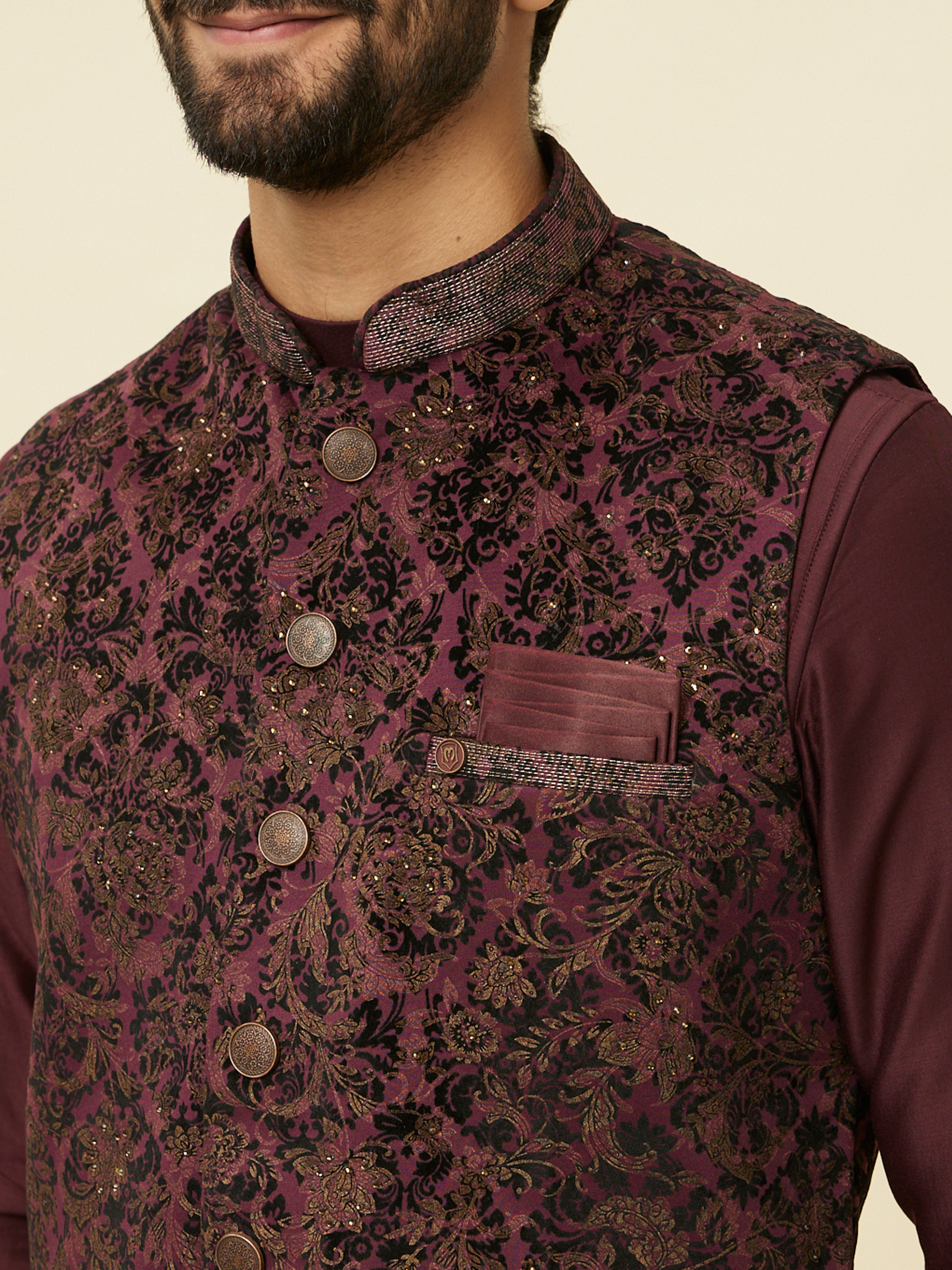 Manyavar Men Mauve Wine Bel Buti Patterned Jacket