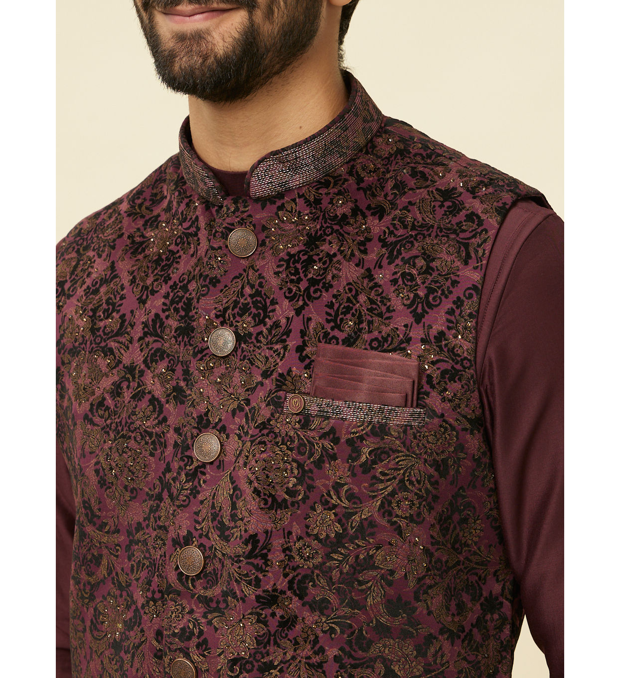 Manyavar Men Mauve Wine Bel Buti Patterned Jacket