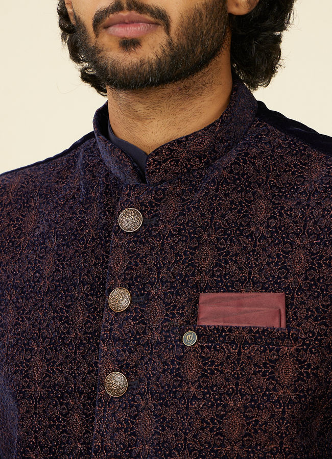 Manyavar Men Dark Blue Self Textured Nehru Jacket