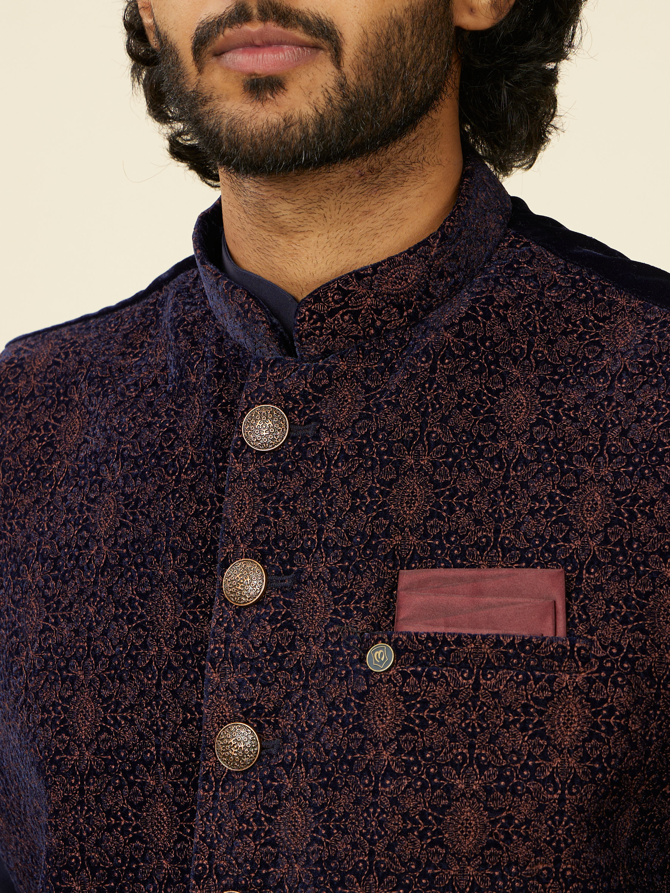 Manyavar Men Dark Blue Self Textured Nehru Jacket