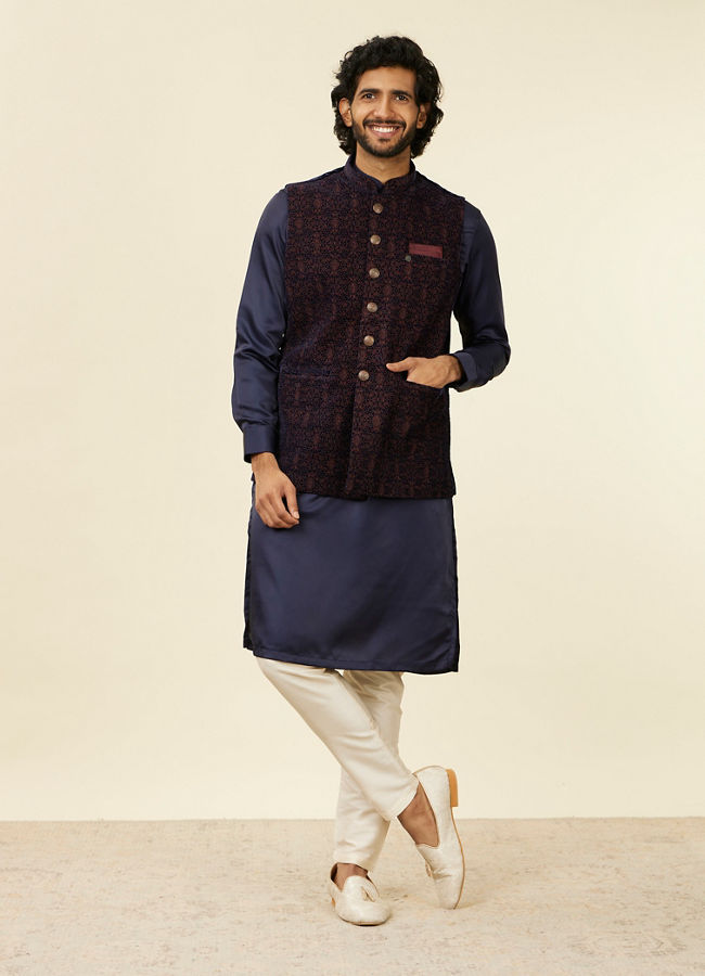 Manyavar Men Dark Blue Self Textured Nehru Jacket