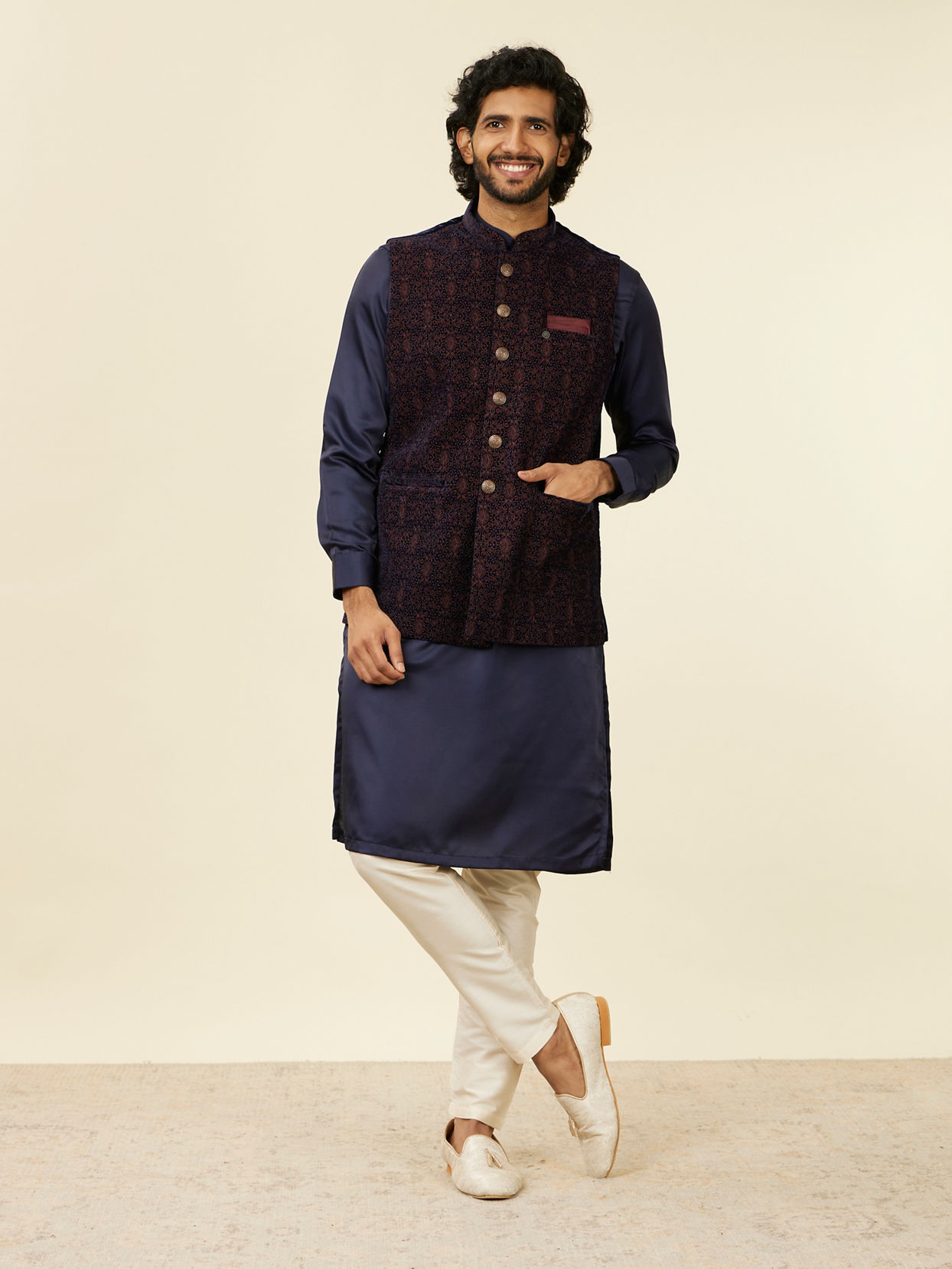 alt message - Manyavar Men Dark Blue Self-Textured Nehru Jacket image number 2