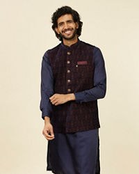 Manyavar Men Dark Blue Self Textured Nehru Jacket