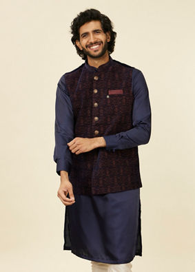 alt message - Manyavar Men Dark Blue Self-Textured Nehru Jacket