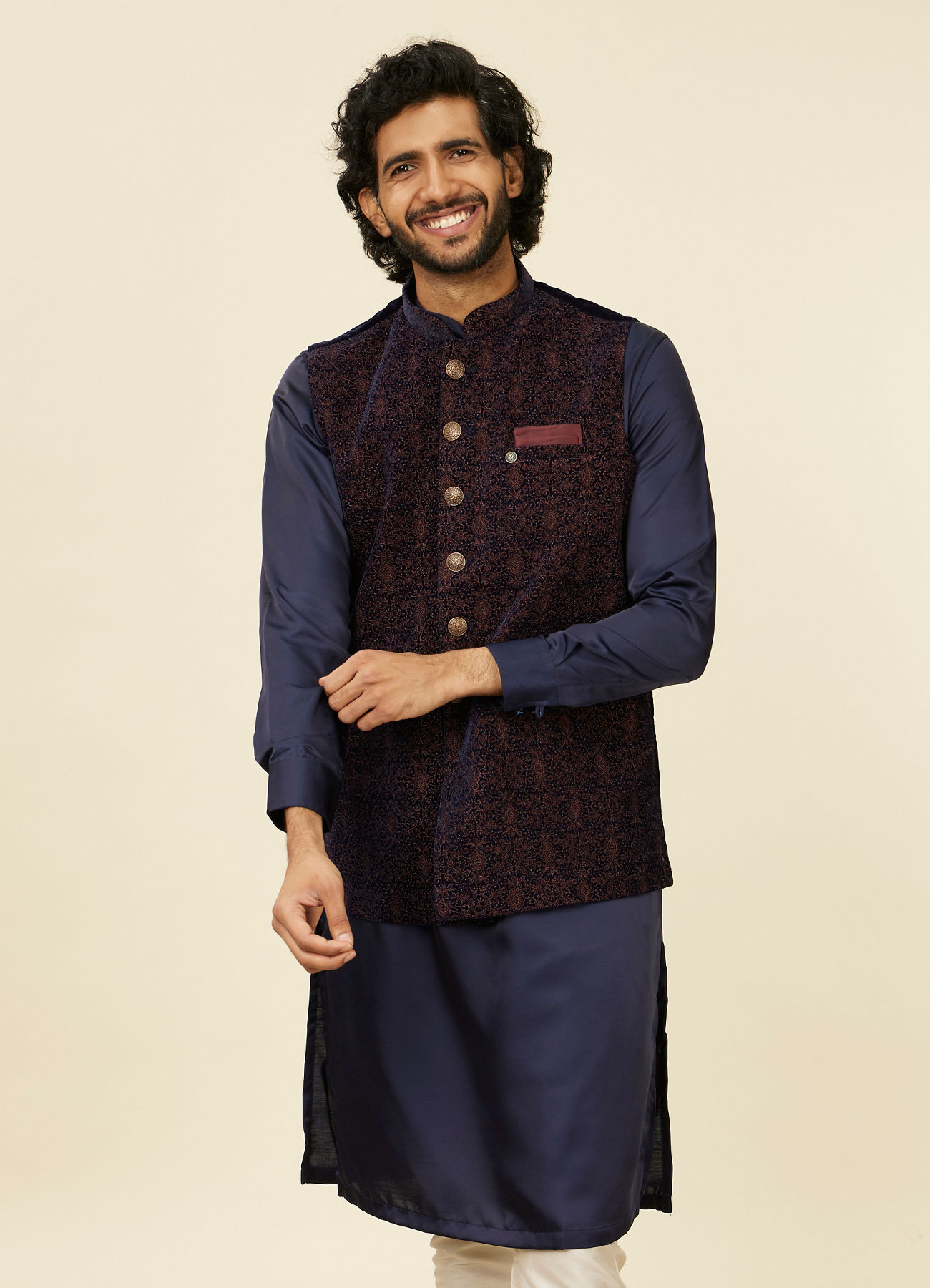 Manyavar Men Dark Blue Self Textured Nehru Jacket