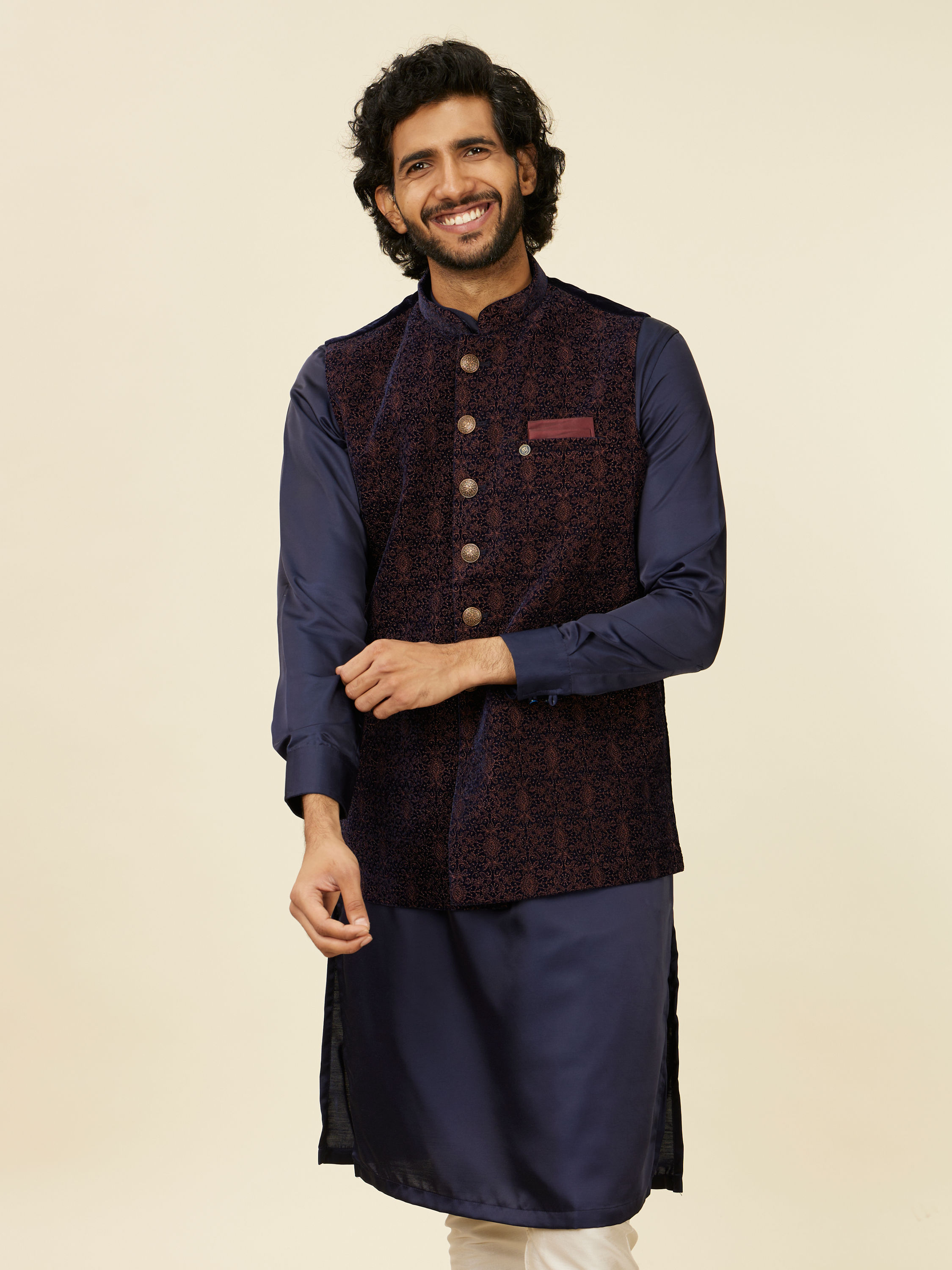 Manyavar Men Dark Blue Self Textured Nehru Jacket