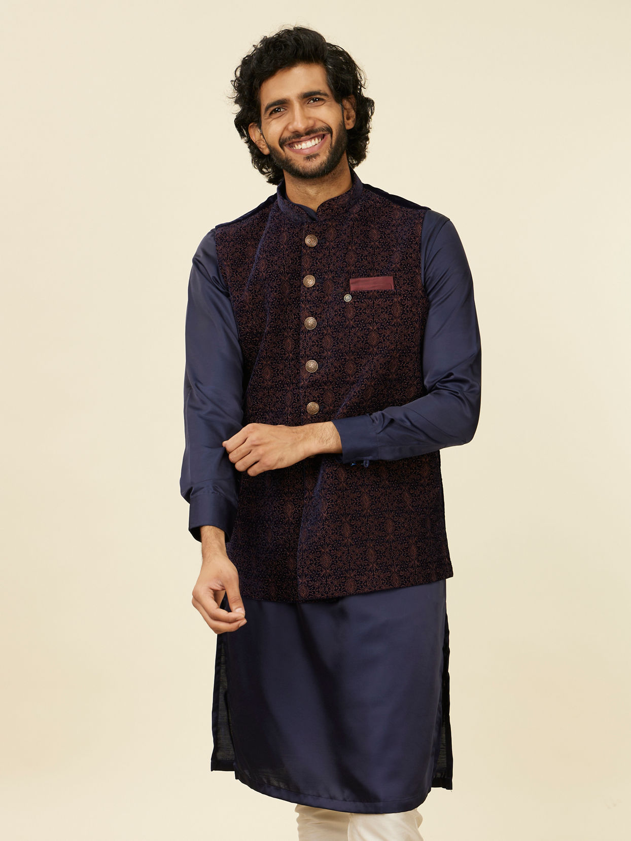 alt message - Manyavar Men Dark Blue Self-Textured Nehru Jacket image number 0