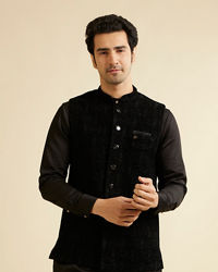 Manyavar Men Ebony Black Self Textured Nehru Jacket