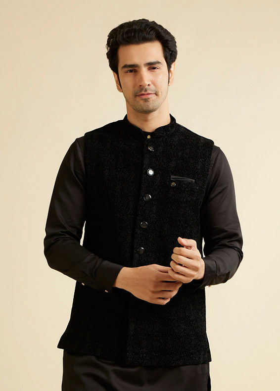 Manyavar Men Ebony Black Self Textured Nehru Jacket