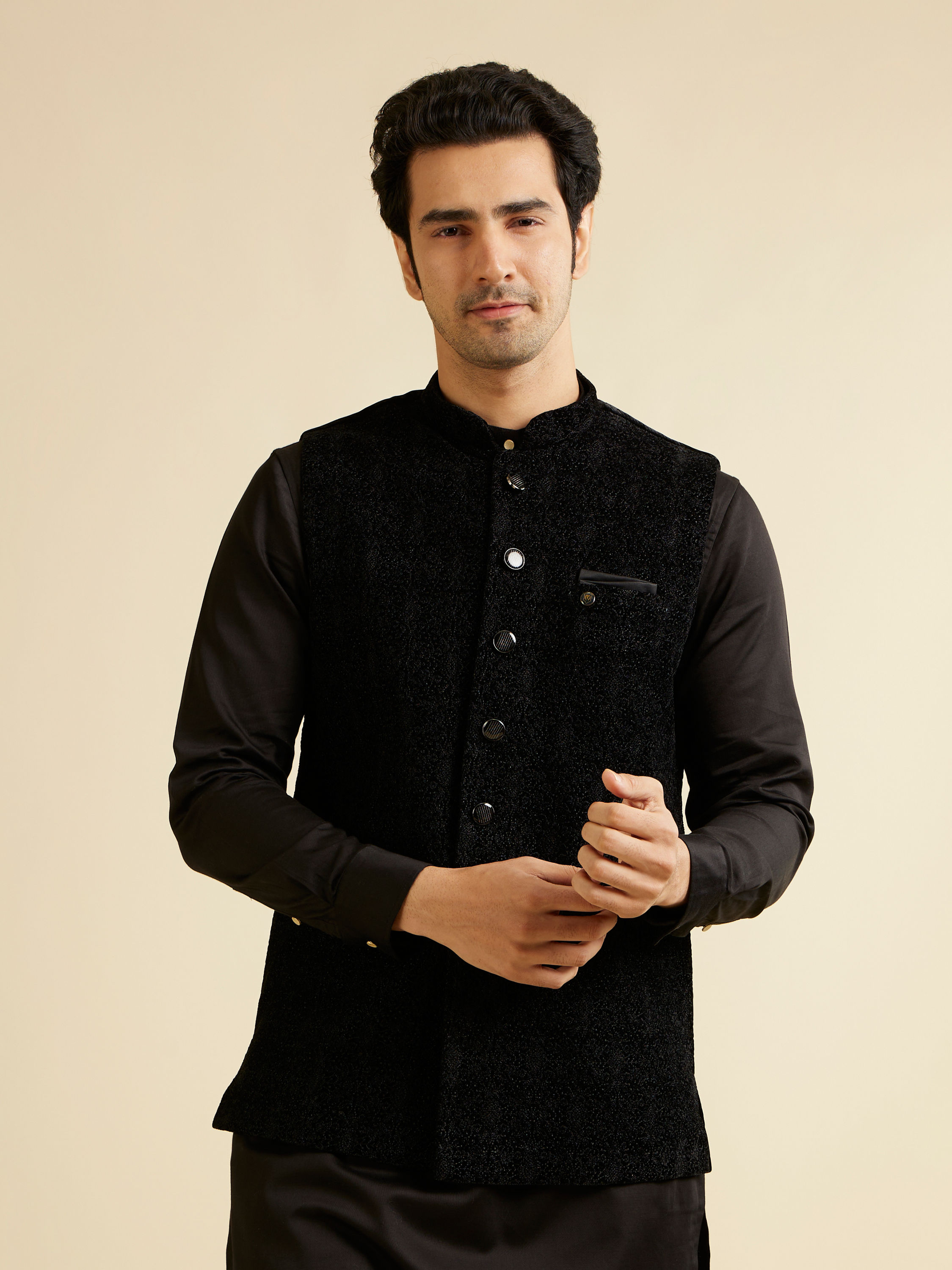 Manyavar Men Ebony Black Self Textured Nehru Jacket