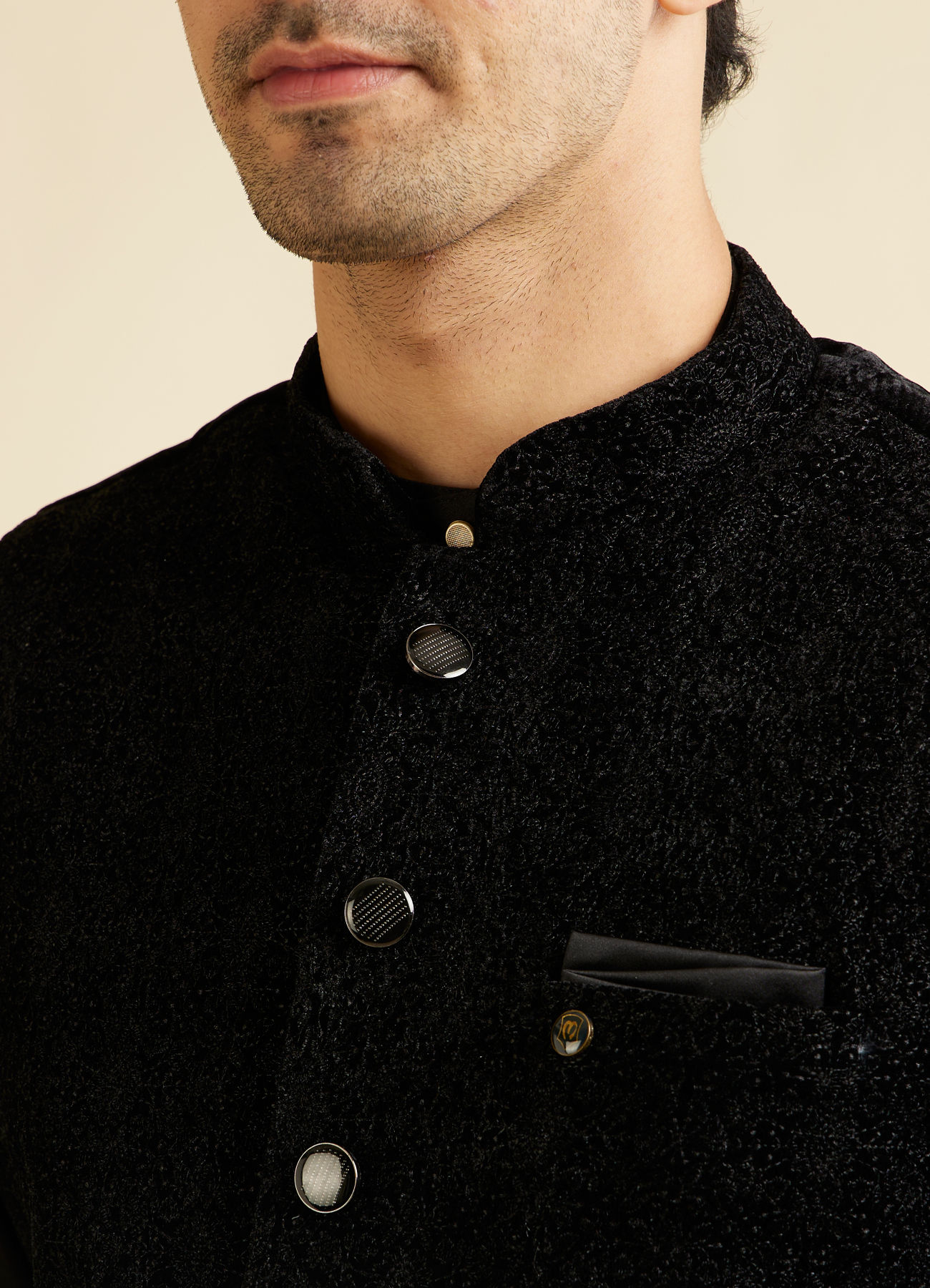 Manyavar Men Ebony Black Self Textured Nehru Jacket