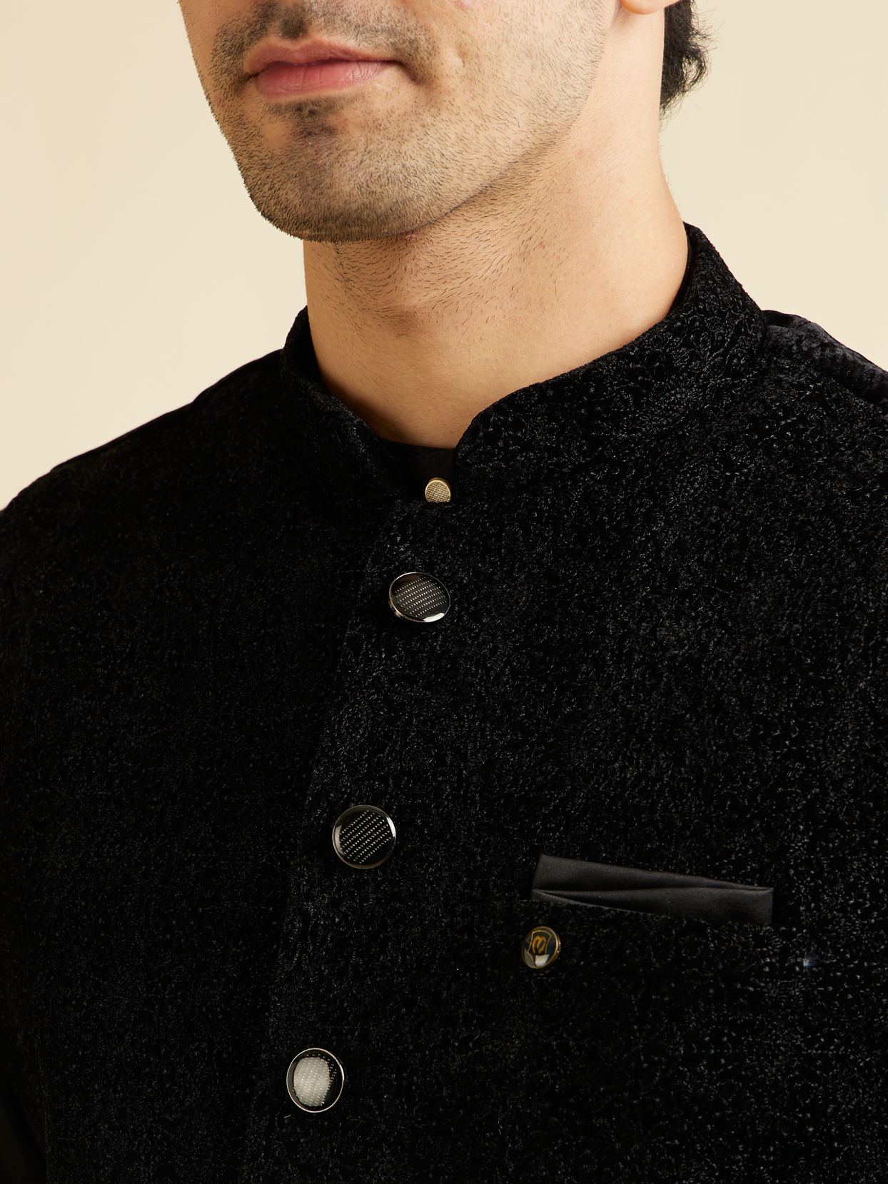 Manyavar Men Ebony Black Self Textured Nehru Jacket