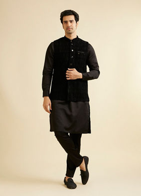 alt message - Manyavar Men Ebony Black Self-Textured Nehru Jacket image number 2