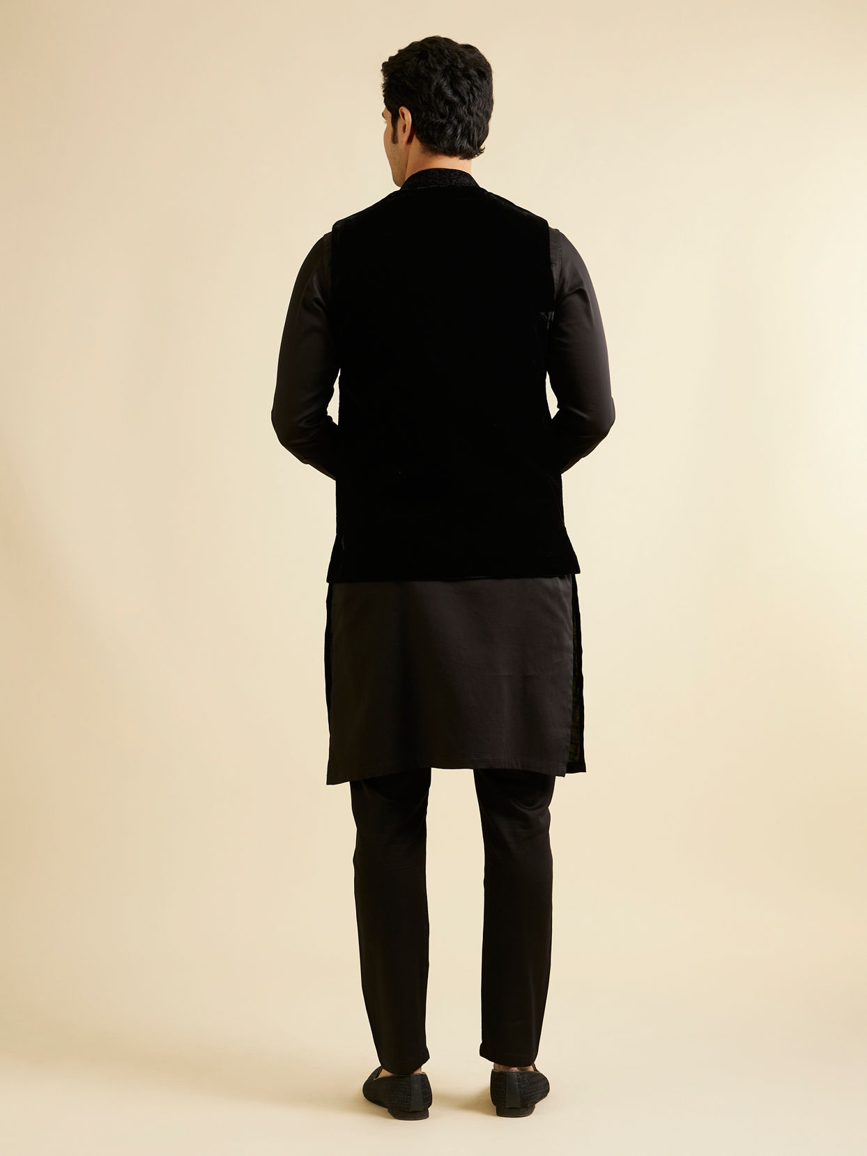 Manyavar Men Ebony Black Self Textured Nehru Jacket
