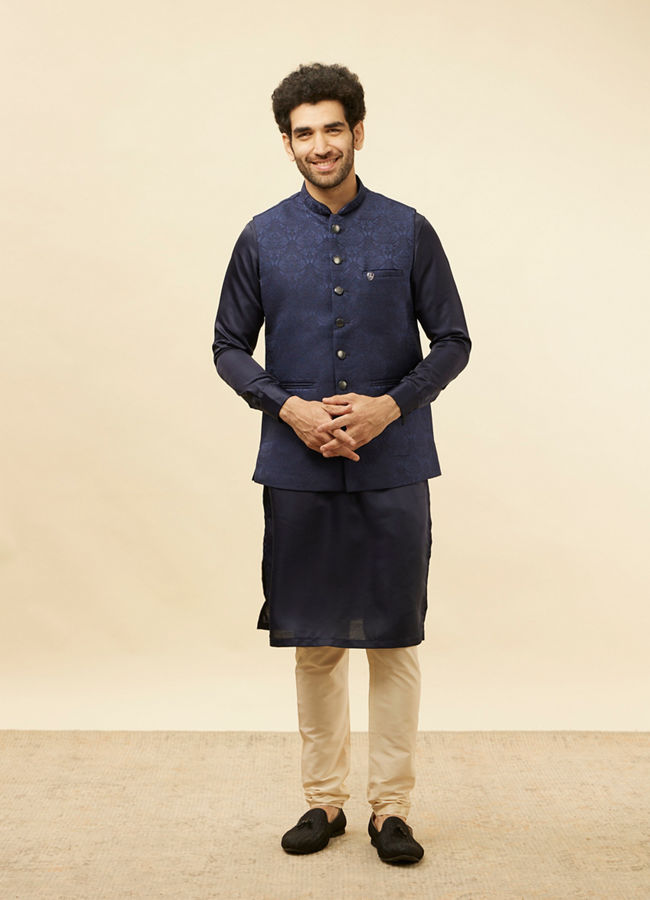 alt message - Manyavar Men Deep Blue Victorian Patterned Jacket image number 2