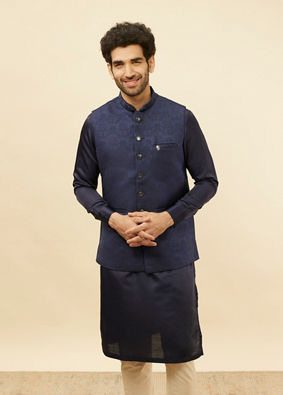 Manyavar Men Deep Blue Victorian Patterned Jacket