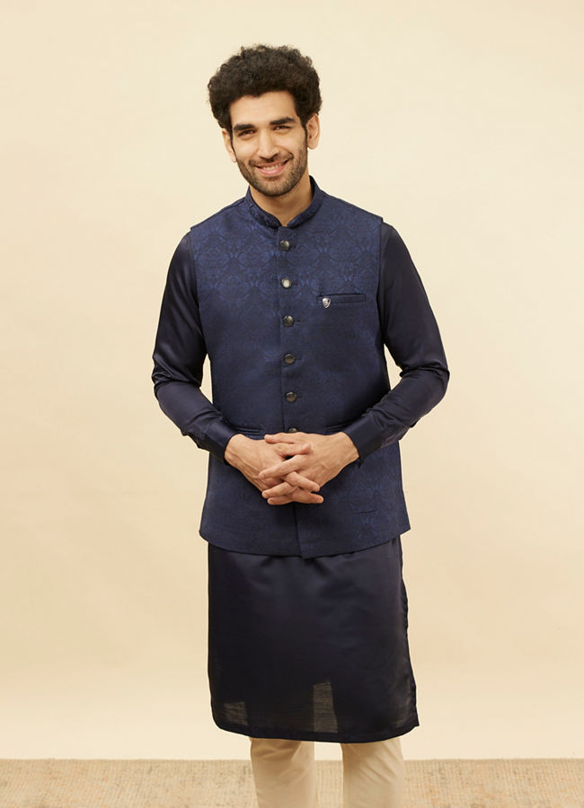 alt message - Manyavar Men Deep Blue Victorian Patterned Jacket image number 0