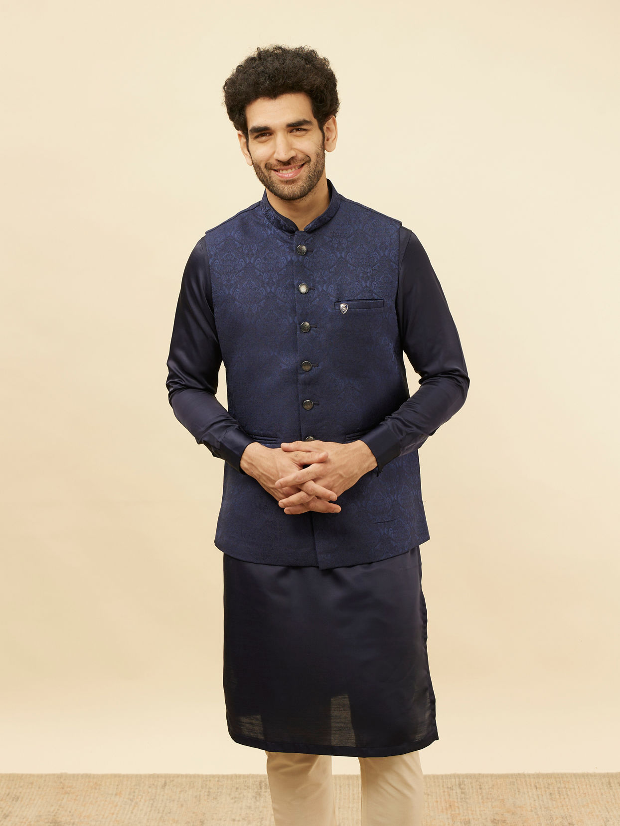 alt message - Manyavar Men Deep Blue Victorian Patterned Jacket image number 0