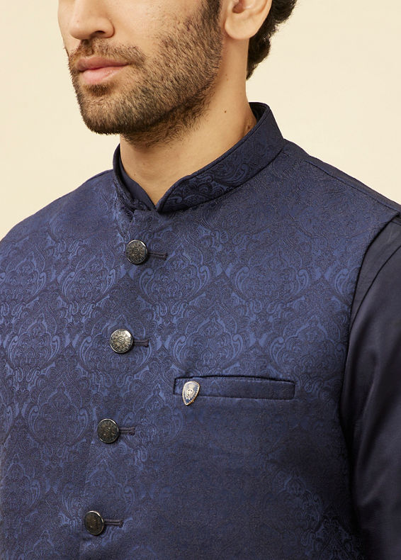 Manyavar Men Deep Blue Victorian Patterned Jacket