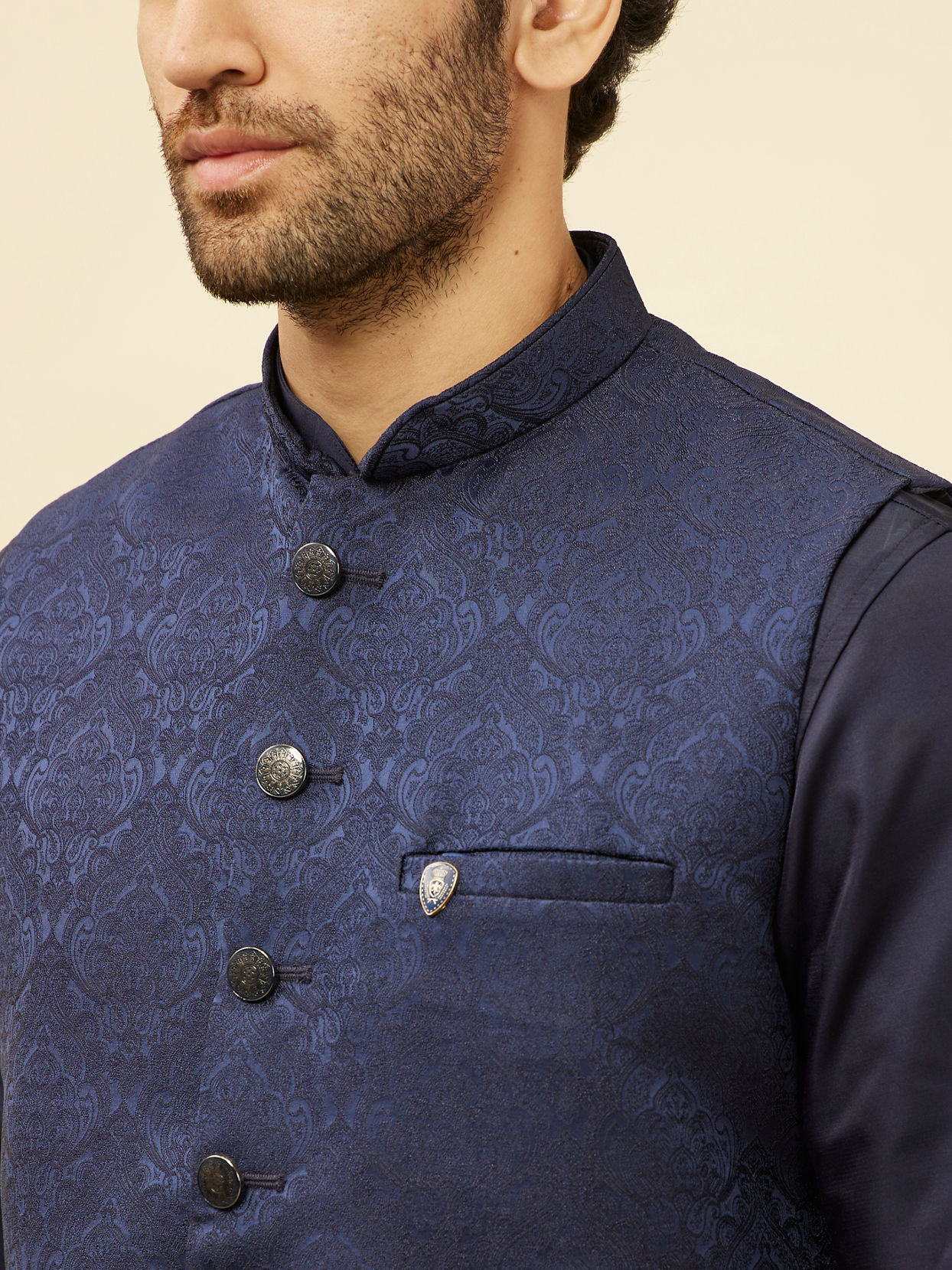 alt message - Manyavar Men Deep Blue Victorian Patterned Jacket image number 1