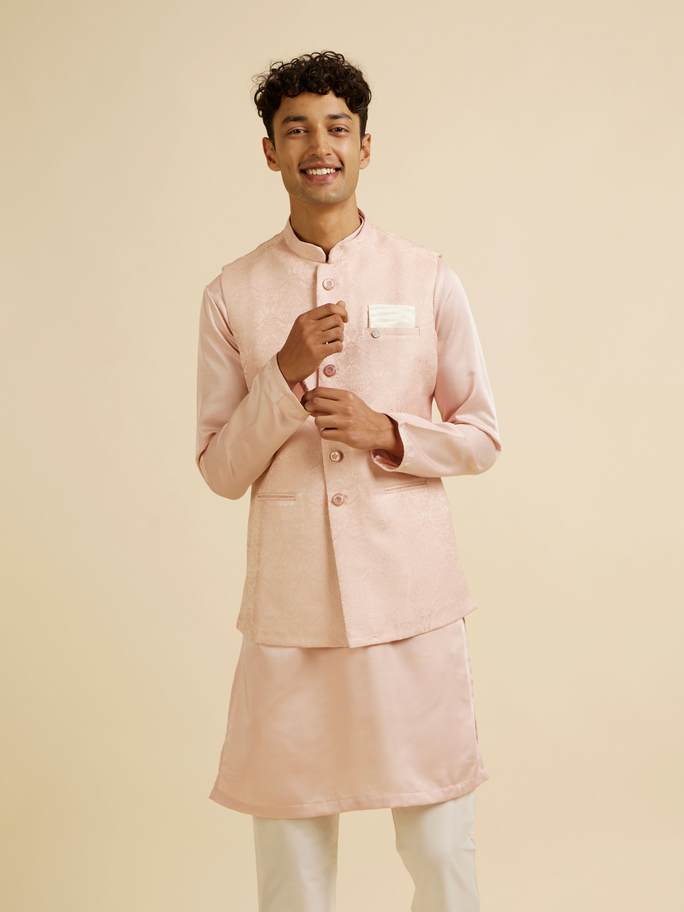 Manyavar Men Pink Victorian Patterned Nehru Jacket