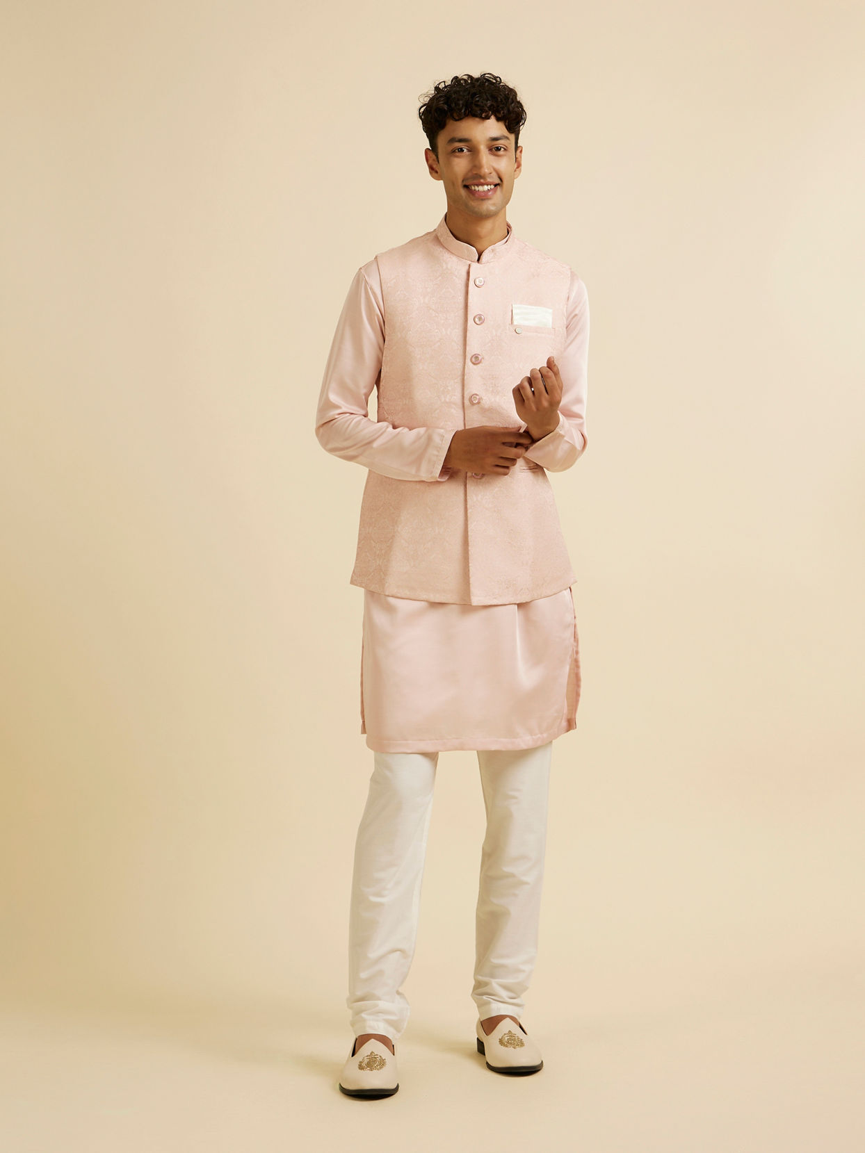 Manyavar Men Pink Victorian Patterned Nehru Jacket