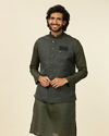 alt message - Manyavar Men Dark Green Victorian Patterned Nehru Jacket image number 0