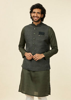 Manyavar Men Dark Green Victorian Patterned Nehru Jacket