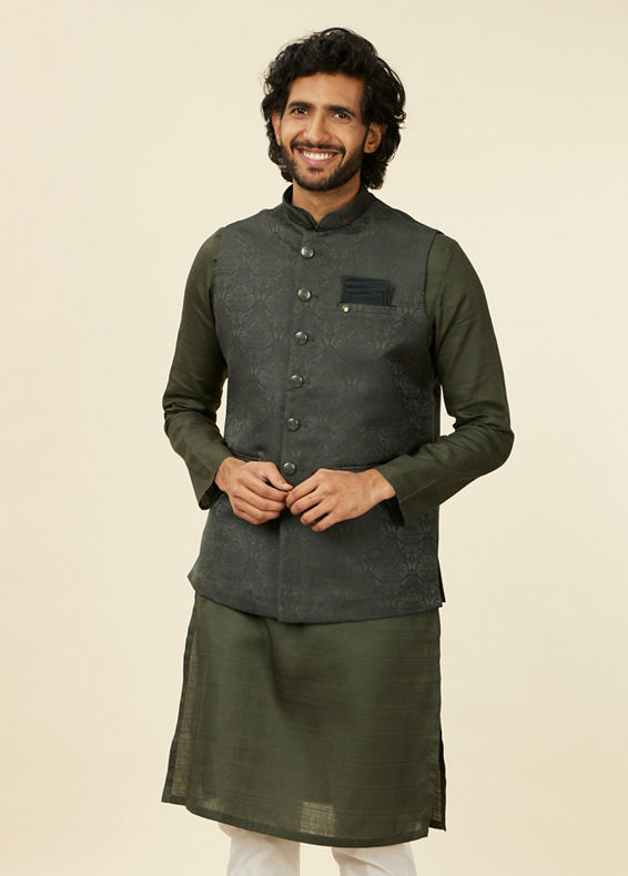 Manyavar Men Dark Green Victorian Patterned Nehru Jacket