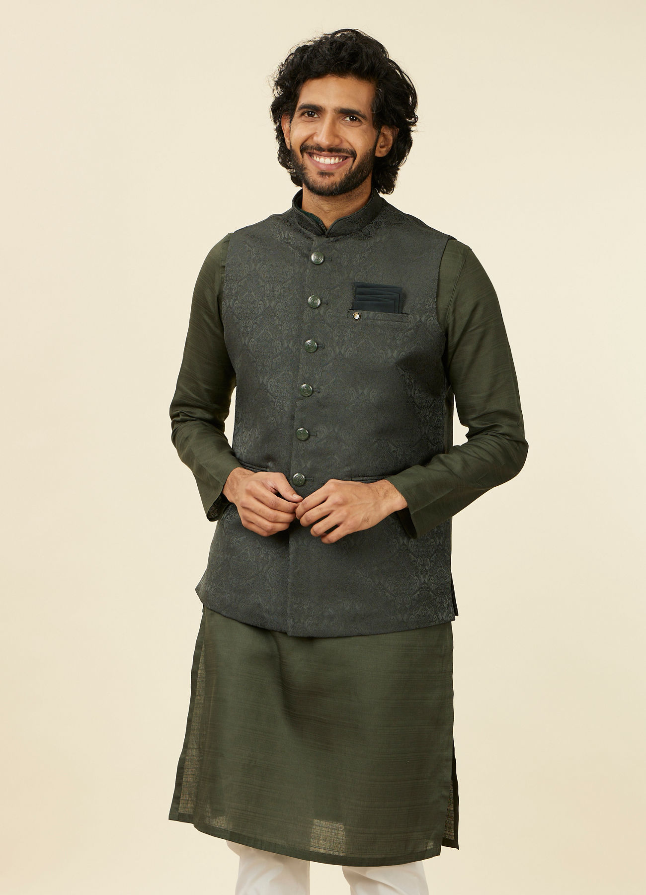 Manyavar Men Dark Green Victorian Patterned Nehru Jacket