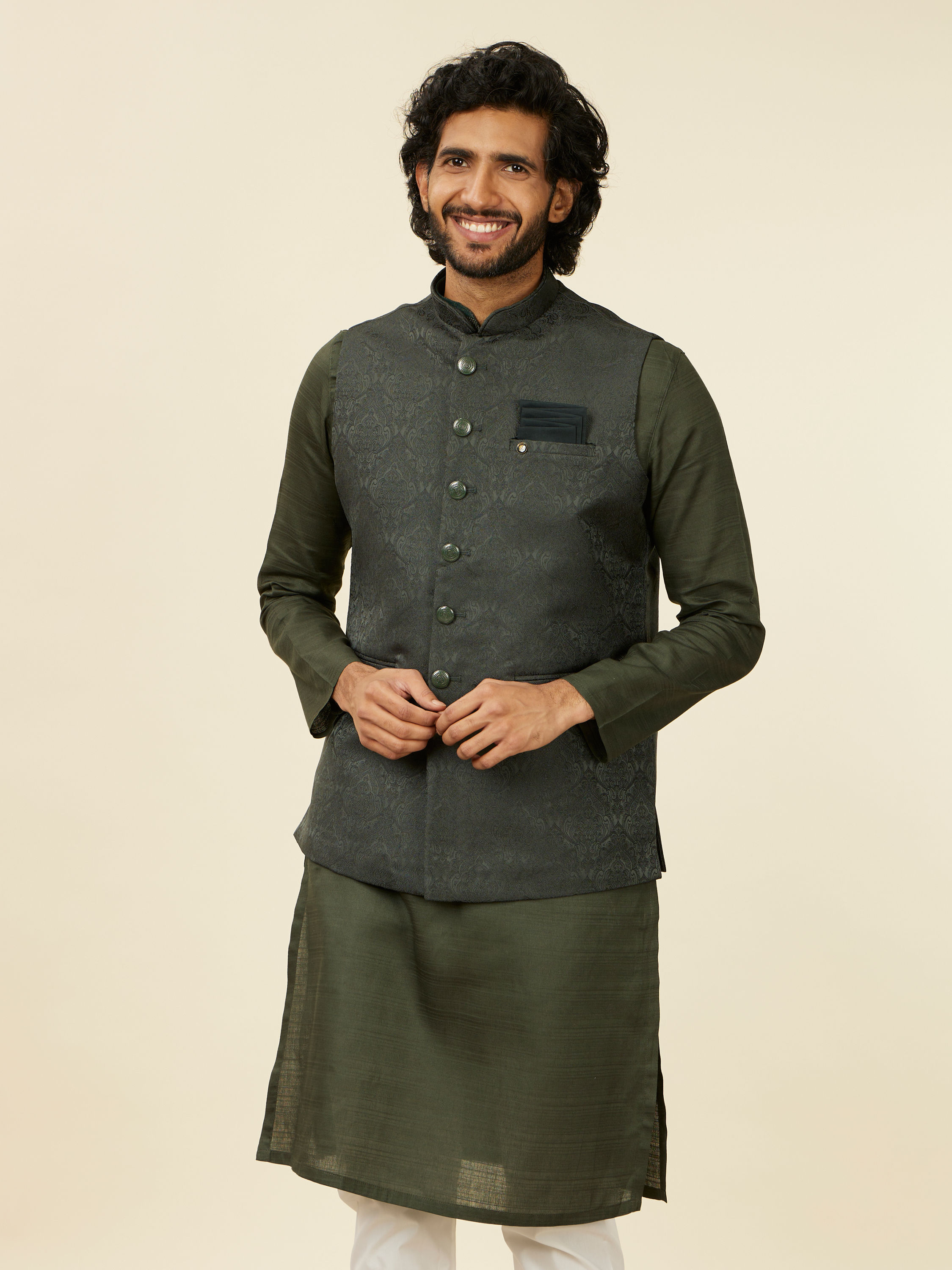 Manyavar Men Dark Green Victorian Patterned Nehru Jacket