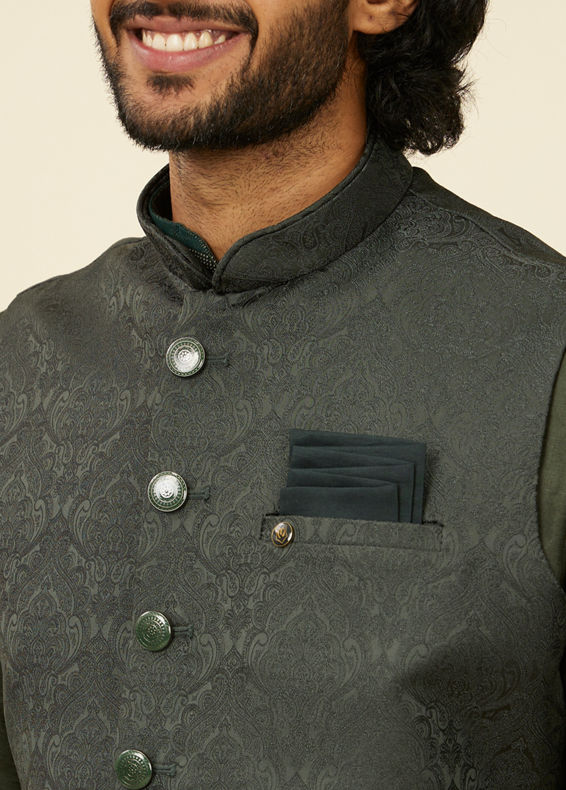 Manyavar Men Dark Green Victorian Patterned Nehru Jacket