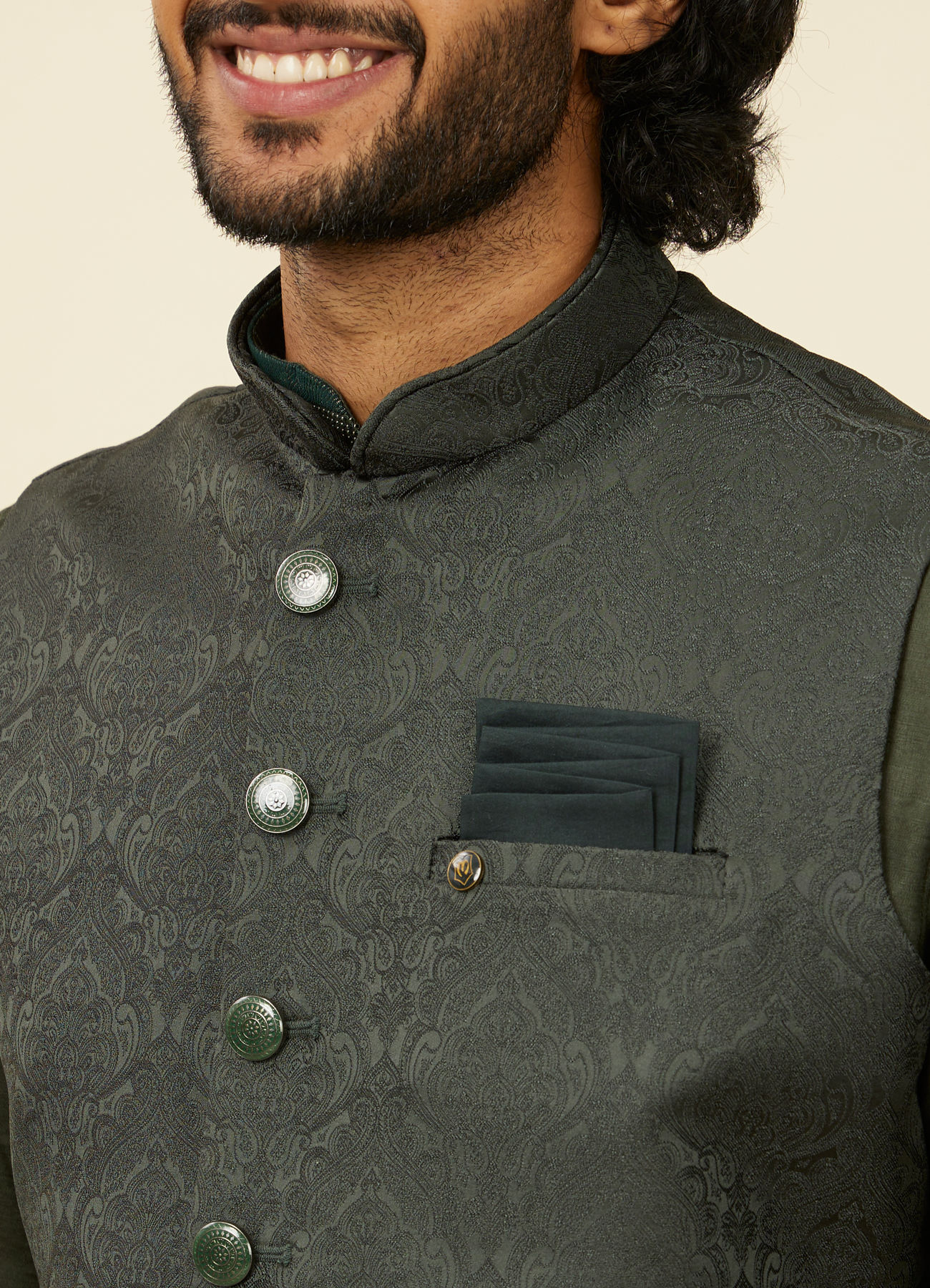 Manyavar Men Dark Green Victorian Patterned Nehru Jacket