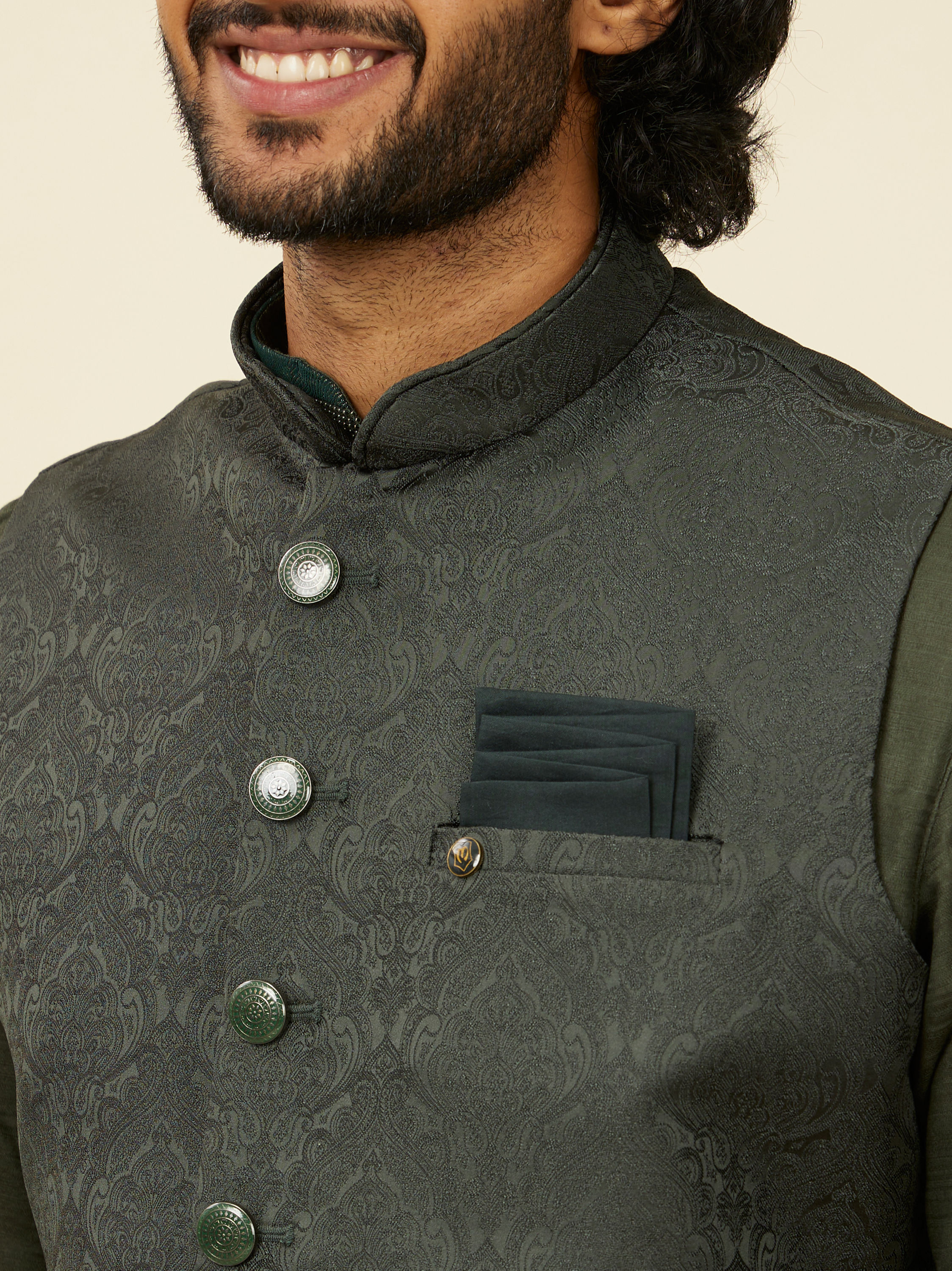 Manyavar Men Dark Green Victorian Patterned Nehru Jacket