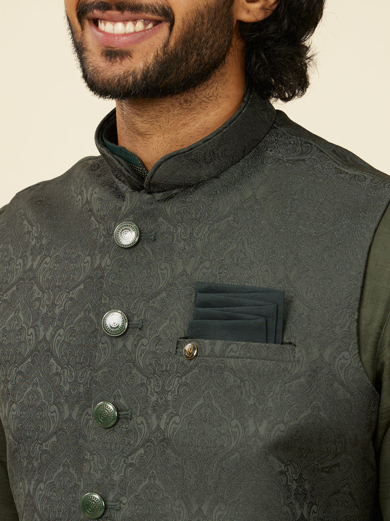 alt message - Manyavar Men Dark Green Victorian Patterned Nehru Jacket image number 1