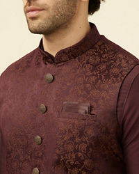 Manyavar Men Mauve Wine Bel Buti Patterned Jacket