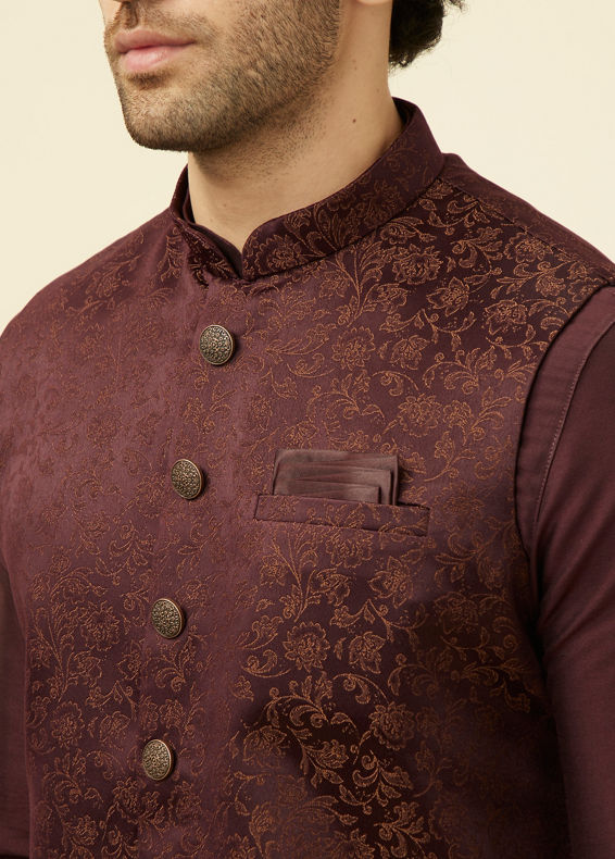 Manyavar Men Mauve Wine Bel Buti Patterned Jacket