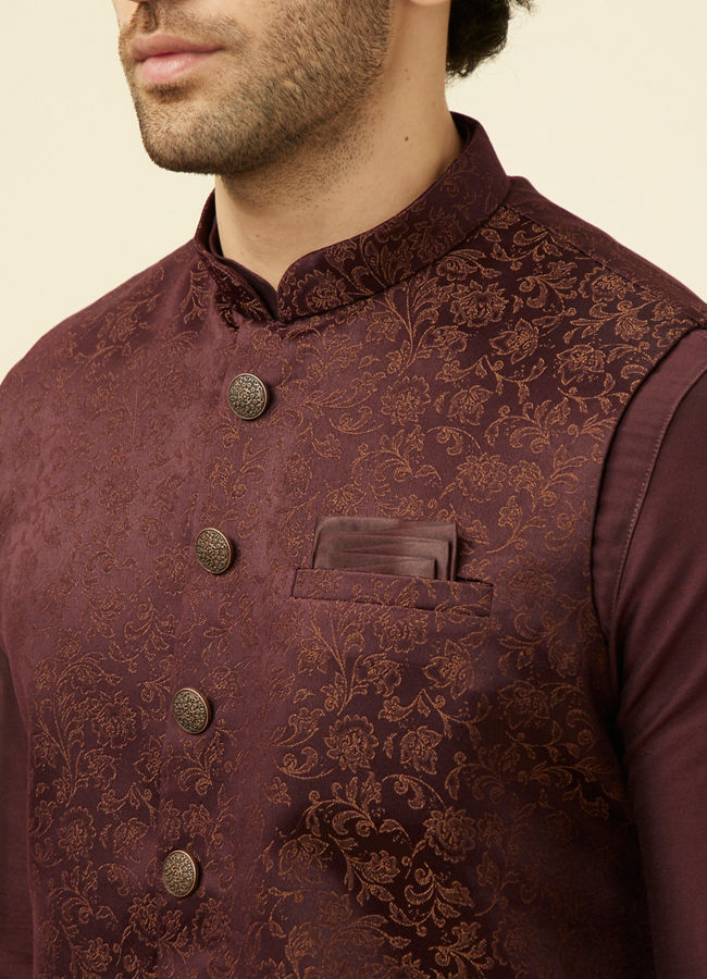 alt message - Manyavar Men Mauve Wine Bel Buti Patterned Jacket image number 1