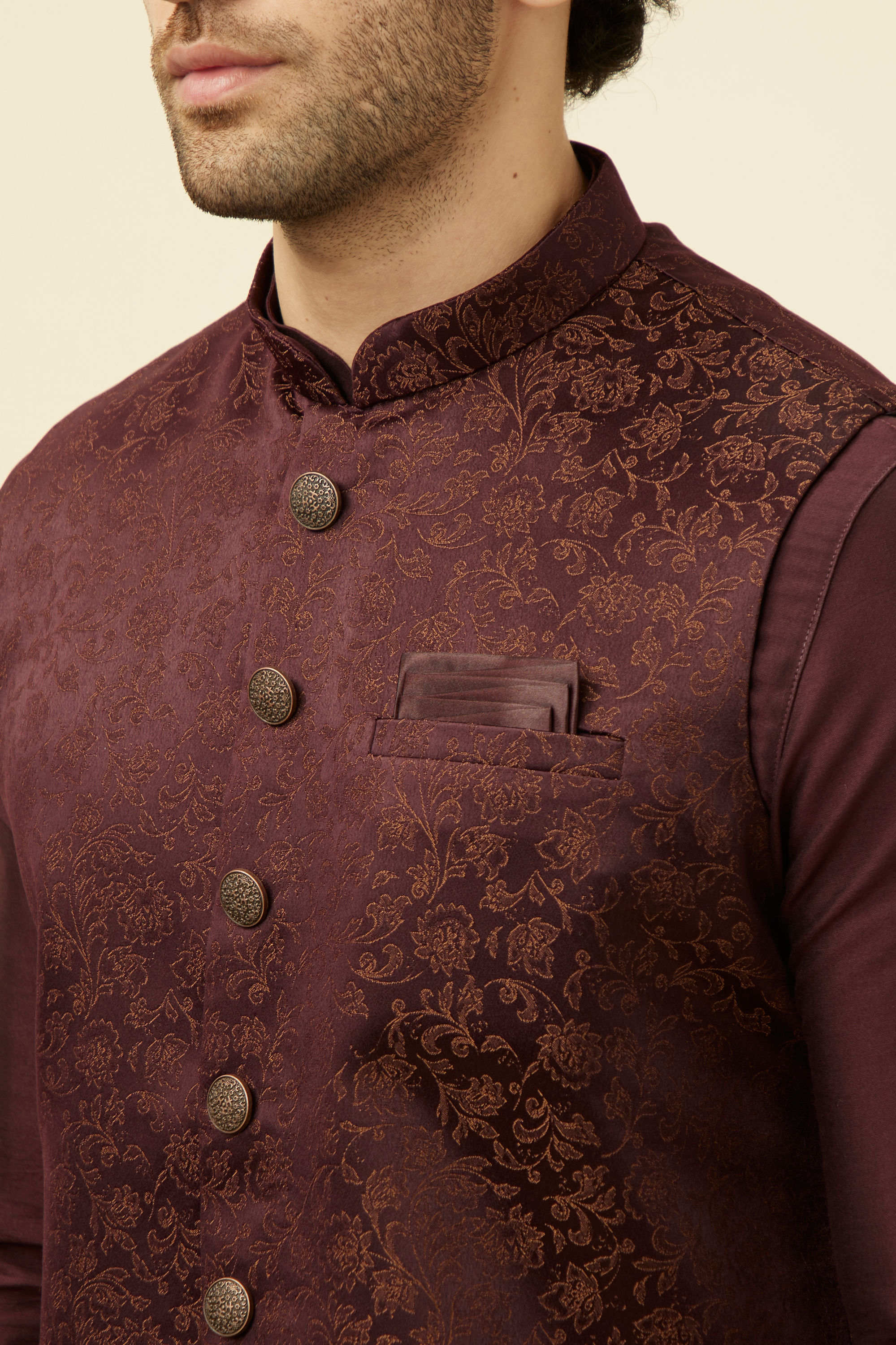 Manyavar Men Mauve Wine Bel Buti Patterned Jacket