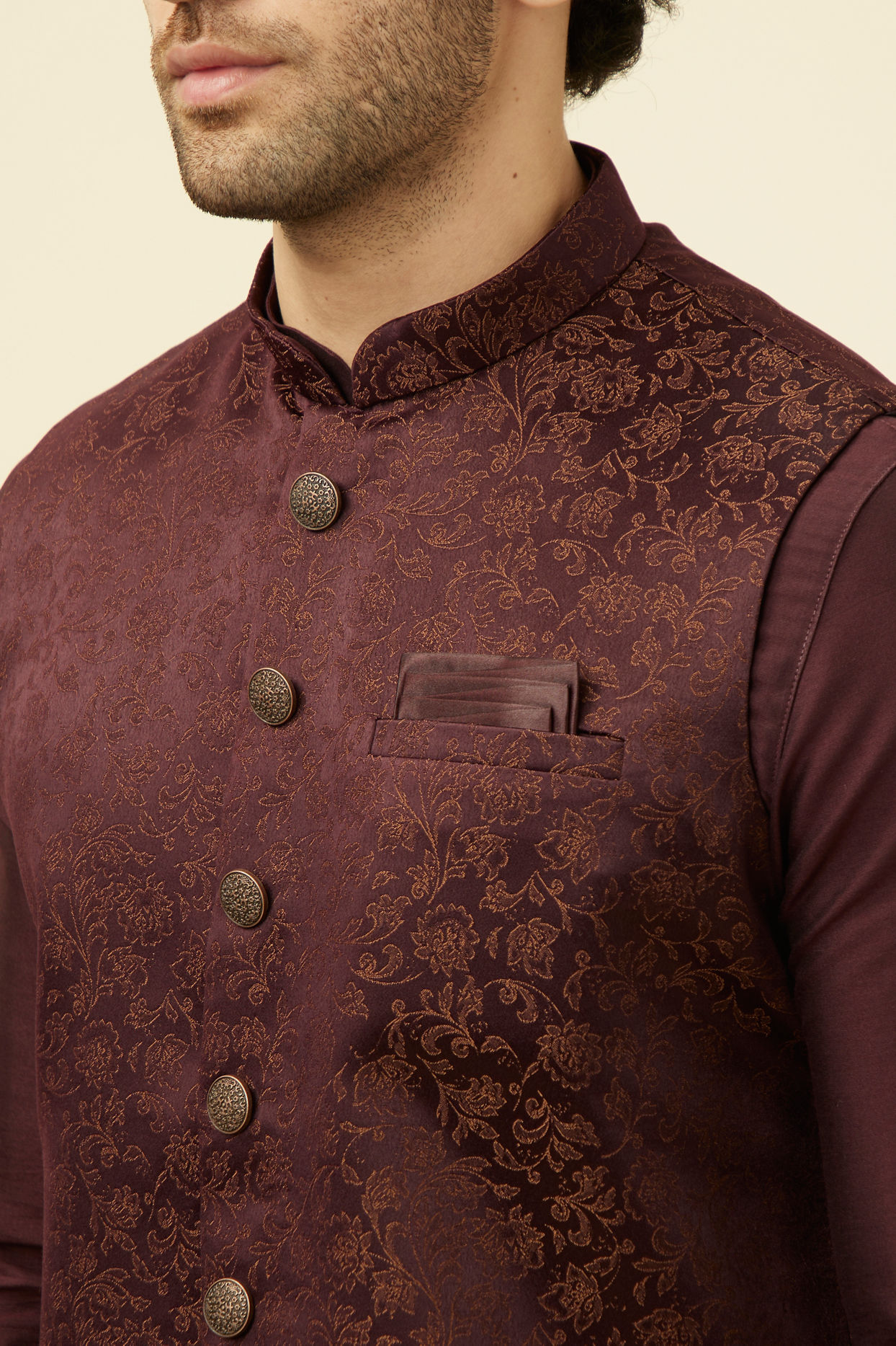 Manyavar Men Mauve Wine Bel Buti Patterned Jacket