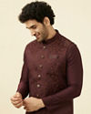 alt message - Manyavar Men Mauve Wine Bel Buti Patterned Jacket image number 0