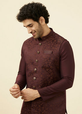 alt message - Manyavar Men Mauve Wine Bel Buti Patterned Jacket image number 0