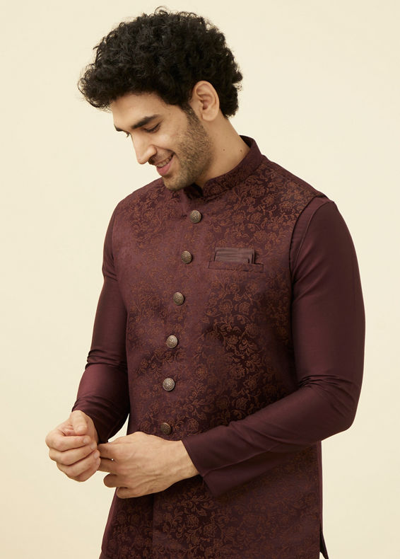 Manyavar Men Mauve Wine Bel Buti Patterned Jacket