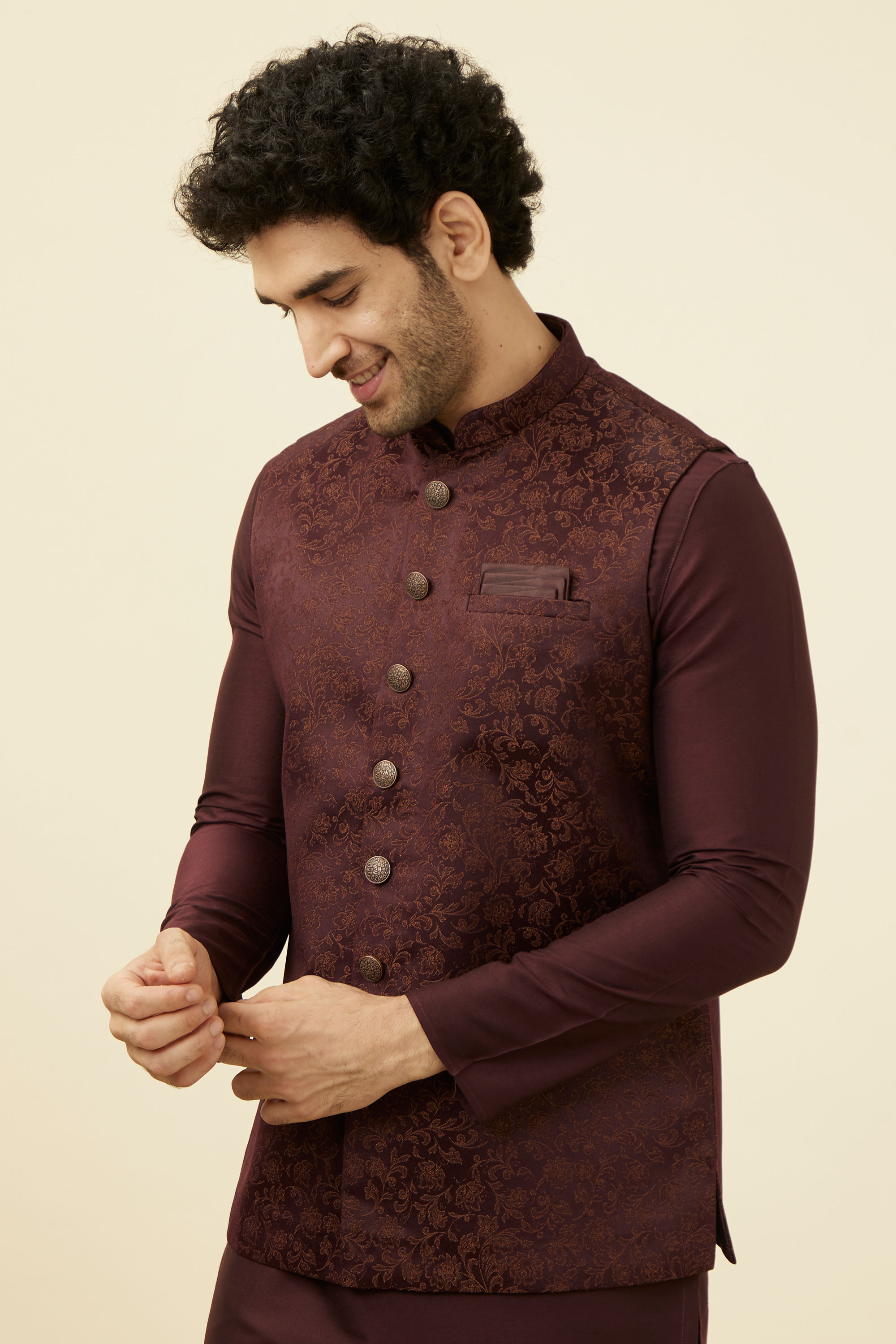 Manyavar Men Mauve Wine Bel Buti Patterned Jacket