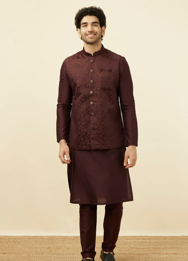 alt message - Manyavar Men Mauve Wine Bel Buti Patterned Jacket image number 2