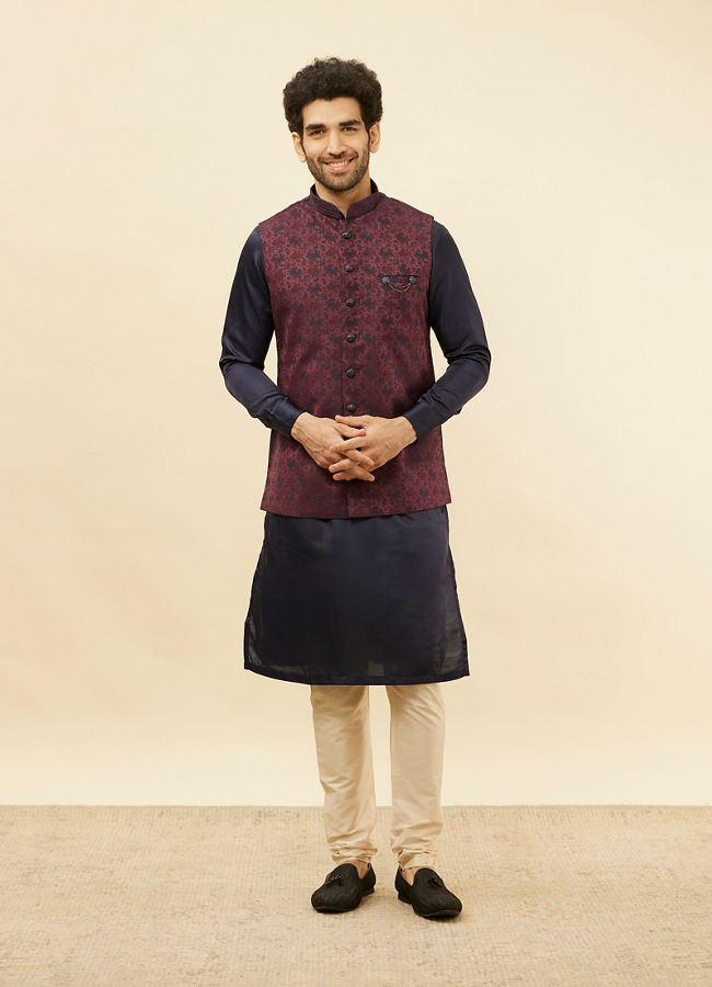 Manyavar Men Wine Sprig Patterned Jacket