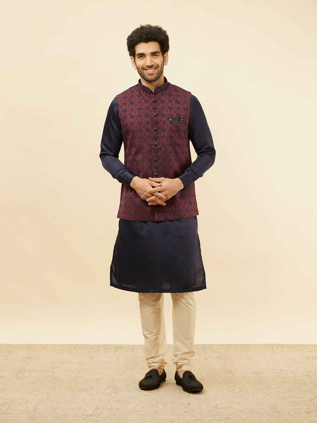 Manyavar Men Wine Sprig Patterned Jacket