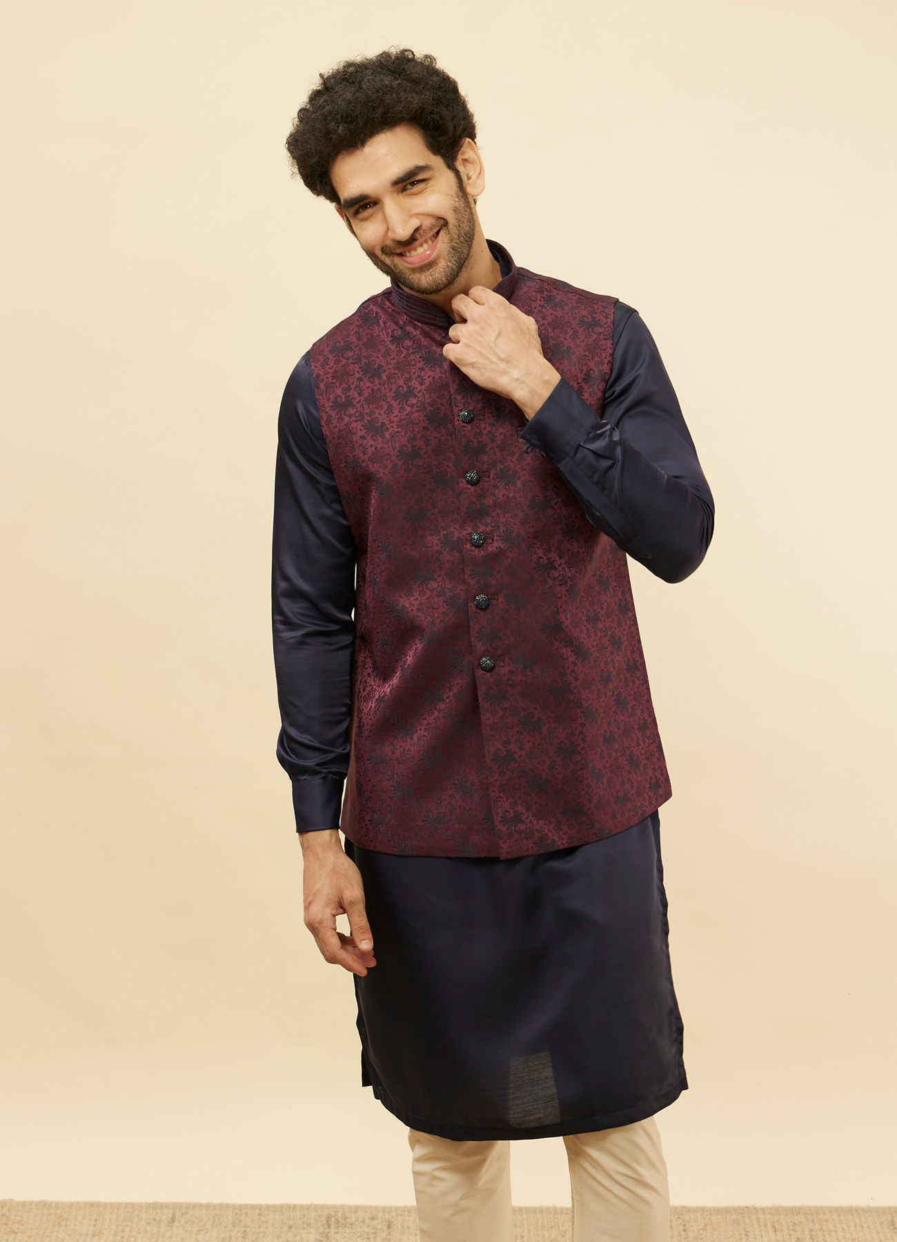 Manyavar Men Wine Sprig Patterned Jacket