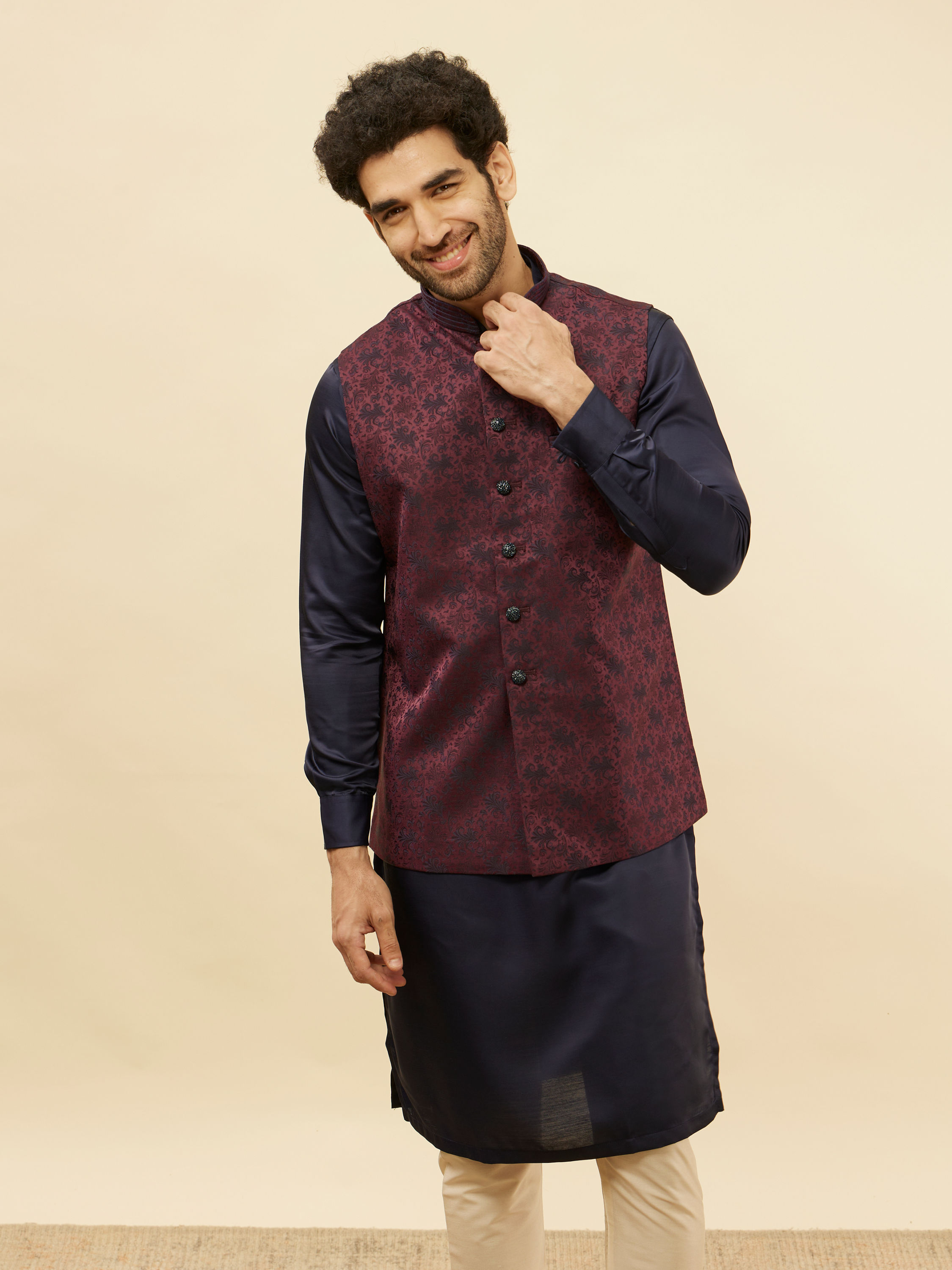 Manyavar Men Wine Sprig Patterned Jacket