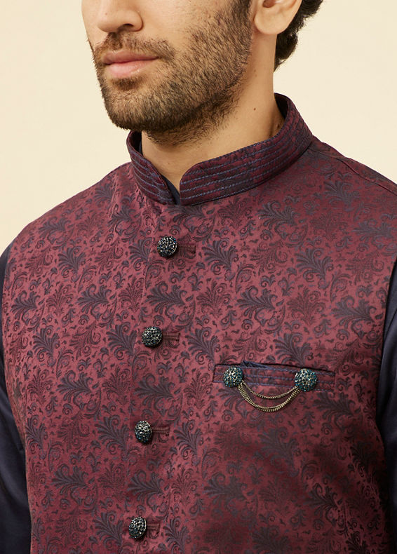 Manyavar Men Wine Sprig Patterned Jacket